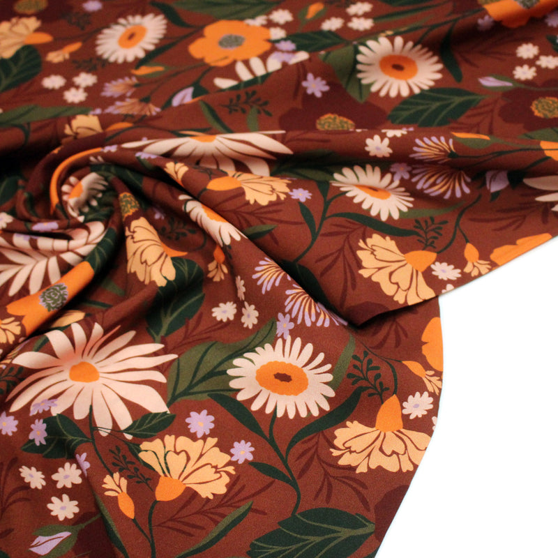 Tissu Viscose fluide marron, fleurs d'automne oranges & roses, MORICETTE - STANDARD 100 OEKO - TEX - tissuspipi.com