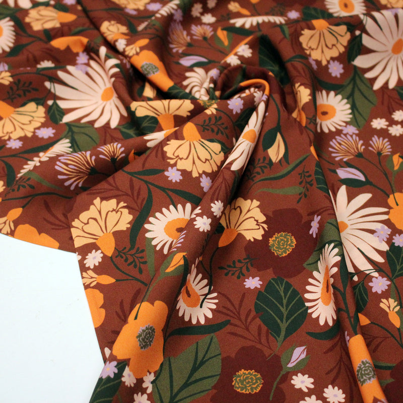 Tissu Viscose fluide marron, fleurs d'automne oranges & roses, MORICETTE - STANDARD 100 OEKO - TEX - tissuspipi.com