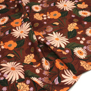 Tissu Viscose fluide marron, fleurs d'automne oranges & roses, MORICETTE - STANDARD 100 OEKO - TEX - tissuspipi.com