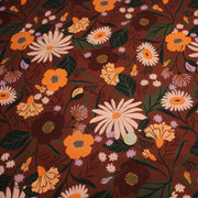 Tissu Viscose fluide marron, fleurs d'automne oranges & roses, MORICETTE - STANDARD 100 OEKO - TEX - tissuspipi.com