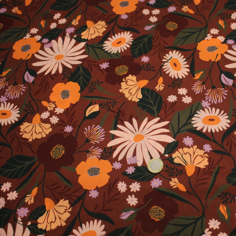Tissu Viscose fluide marron, fleurs d'automne oranges & roses, MORICETTE - STANDARD 100 OEKO - TEX - tissuspipi.com