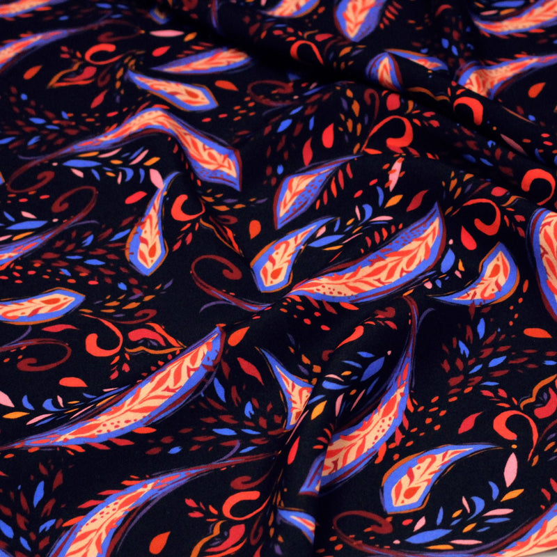 Tissu Viscose fluide noir, motifs cachemire rouge et bleus modernes, NINI - STANDARD 100 OEKO - TEX - tissuspipi.com
