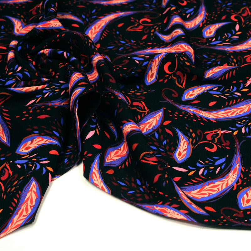 Tissu Viscose fluide noir, motifs cachemire rouge et bleus modernes, NINI - STANDARD 100 OEKO - TEX - tissuspipi.com