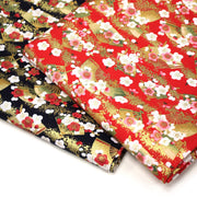 Tissu cotonnade éventails japonais dorés & fleurs sakura : bleu ou rouge - COLLECTION JAPON DORÉ - tissuspipi.com