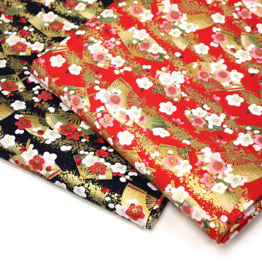 Tissu cotonnade éventails japonais dorés & fleurs sakura : bleu ou rouge - COLLECTION JAPON DORÉ - tissuspipi.com