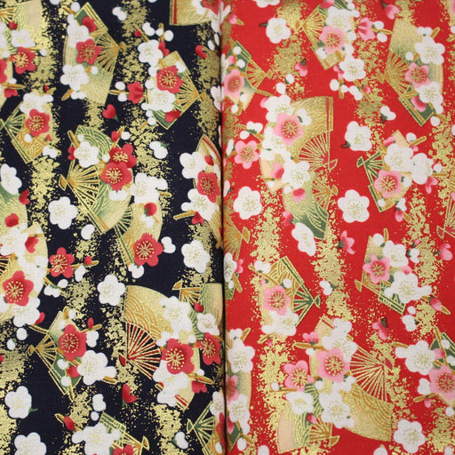 Tissu cotonnade éventails japonais dorés & fleurs sakura : bleu ou rouge - COLLECTION JAPON DORÉ - tissuspipi.com