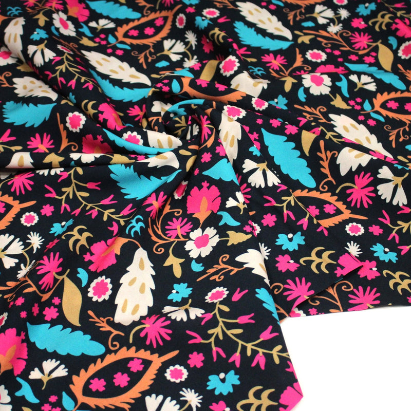 Tissu Viscose fluide noir, fleuri rose canard rouille écru, ALIO - STANDARD 100 OEKO - TEX - tissuspipi.com