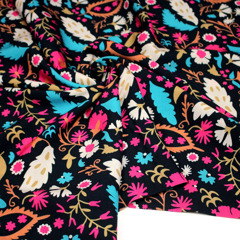 Tissu Viscose fluide noir, fleuri rose canard rouille écru, ALIO - STANDARD 100 OEKO - TEX - tissuspipi.com