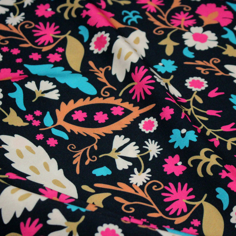 Tissu Viscose fluide noir, fleuri rose canard rouille écru, ALIO - STANDARD 100 OEKO - TEX - tissuspipi.com