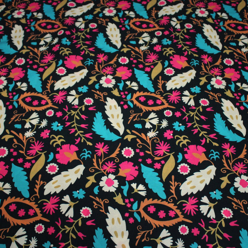 Tissu Viscose fluide noir, fleuri rose canard rouille écru, ALIO - STANDARD 100 OEKO - TEX - tissuspipi.com