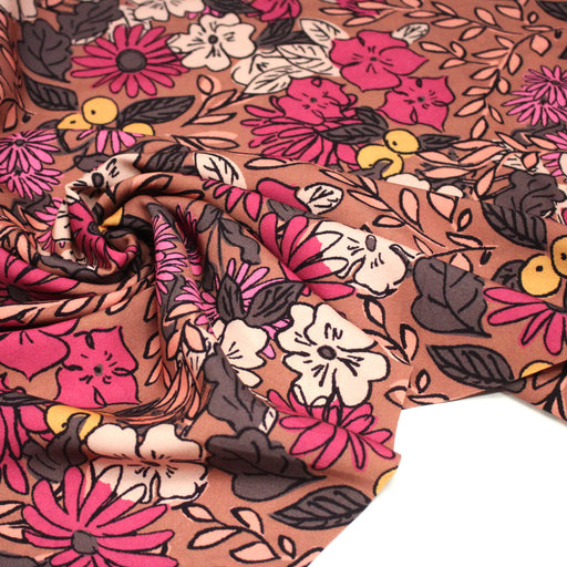 Tissu Viscose fluide, fleurs dessinées roses corail jaune, SONJA - STANDARD 100 OEKO - TEX - tissuspipi.com