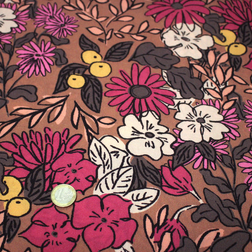 Tissu Viscose fluide, fleurs dessinées roses corail jaune, SONJA - STANDARD 100 OEKO - TEX - tissuspipi.com