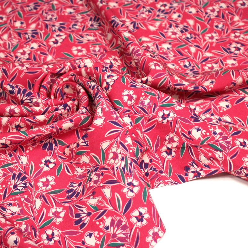 Tissu Viscose fluide fuchsia, fines fleurs blanches et violettes, GALBIA - STANDARD 100 OEKO - TEX - tissuspipi.com