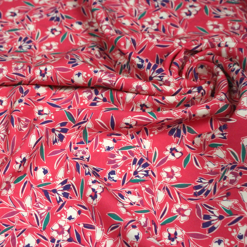 Tissu Viscose fluide fuchsia, fines fleurs blanches et violettes, GALBIA - STANDARD 100 OEKO - TEX - tissuspipi.com