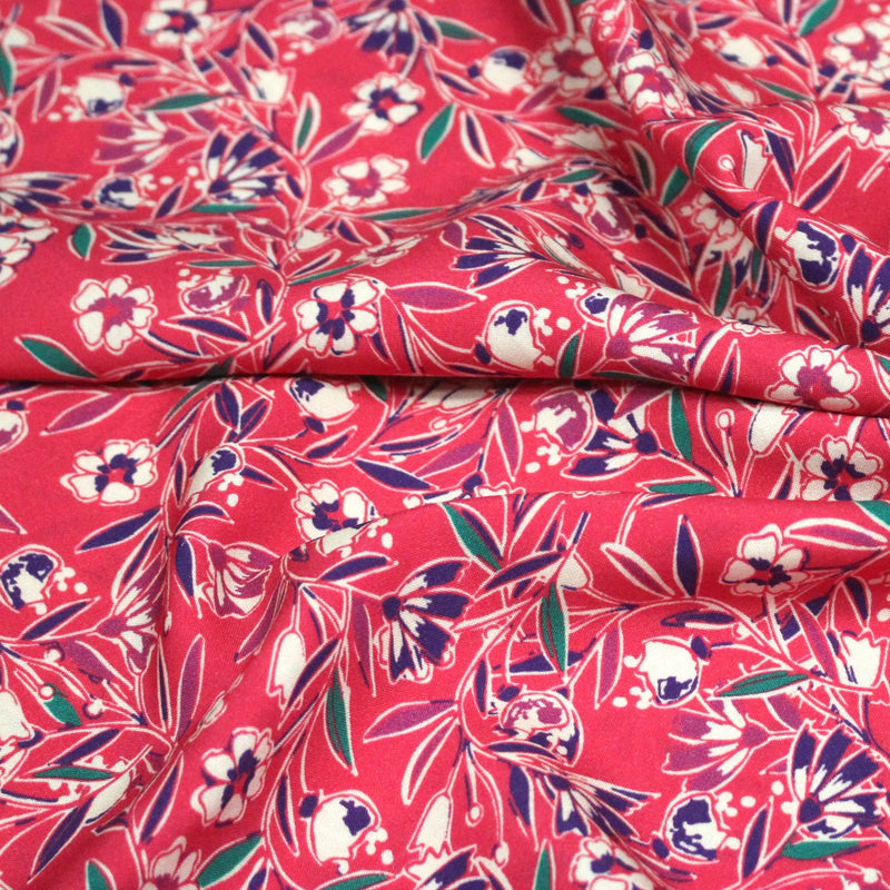 Tissu Viscose fluide fuchsia, fines fleurs blanches et violettes, GALBIA - STANDARD 100 OEKO - TEX - tissuspipi.com