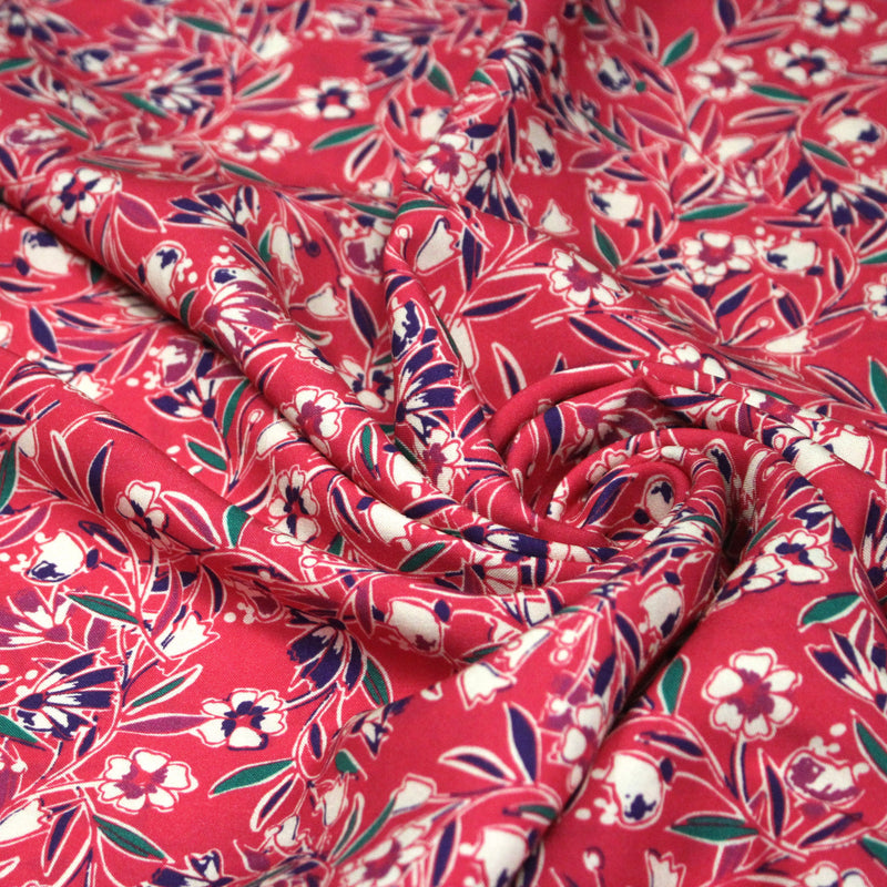 Tissu Viscose fluide fuchsia, fines fleurs blanches et violettes, GALBIA - STANDARD 100 OEKO - TEX - tissuspipi.com