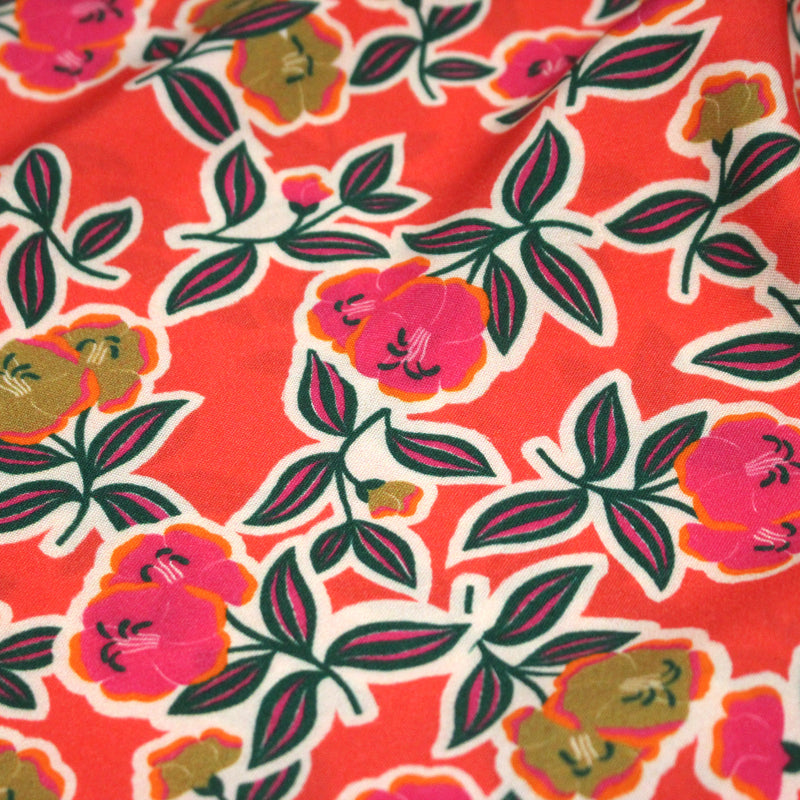 Tissu Viscose fluide corail, fleuri vert et rose, écru, GALBIA - STANDARD 100 OEKO - TEX - tissuspipi.com