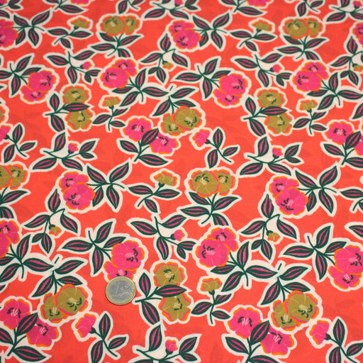 Tissu Viscose fluide corail, fleuri vert et rose, écru, GALBIA - STANDARD 100 OEKO - TEX - tissuspipi.com