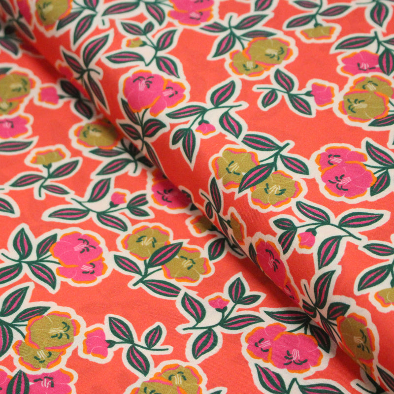 Tissu Viscose fluide corail, fleuri vert et rose, écru, GALBIA - STANDARD 100 OEKO - TEX - tissuspipi.com