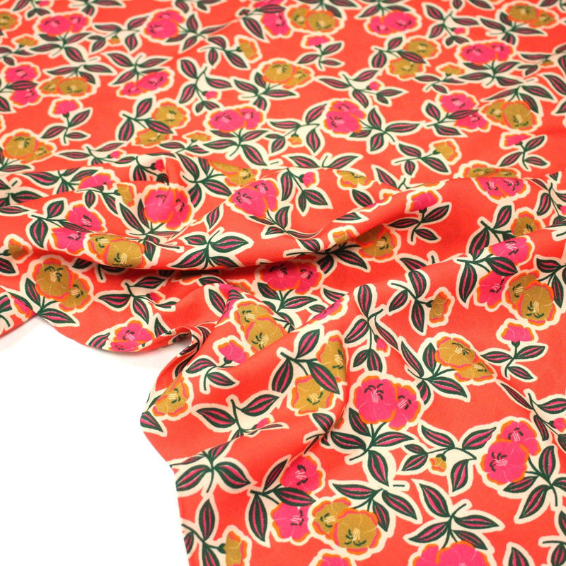 Tissu Viscose fluide corail, fleuri vert et rose, écru, GALBIA - STANDARD 100 OEKO - TEX - tissuspipi.com