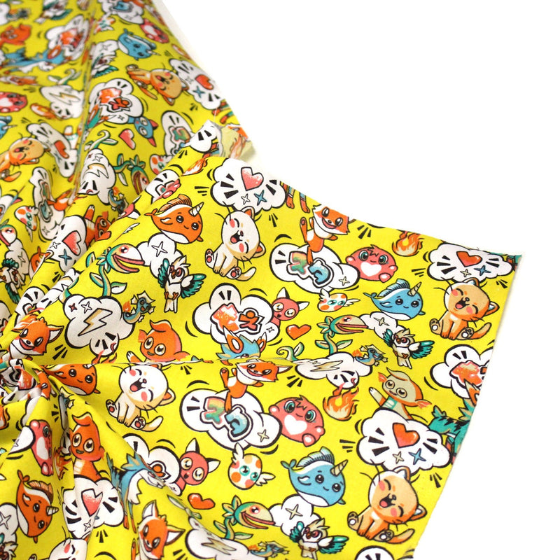 Tissu cotonnade KAWAII aux animaux souriants, fond jaune - OEKO - TEX - tissuspipi.com