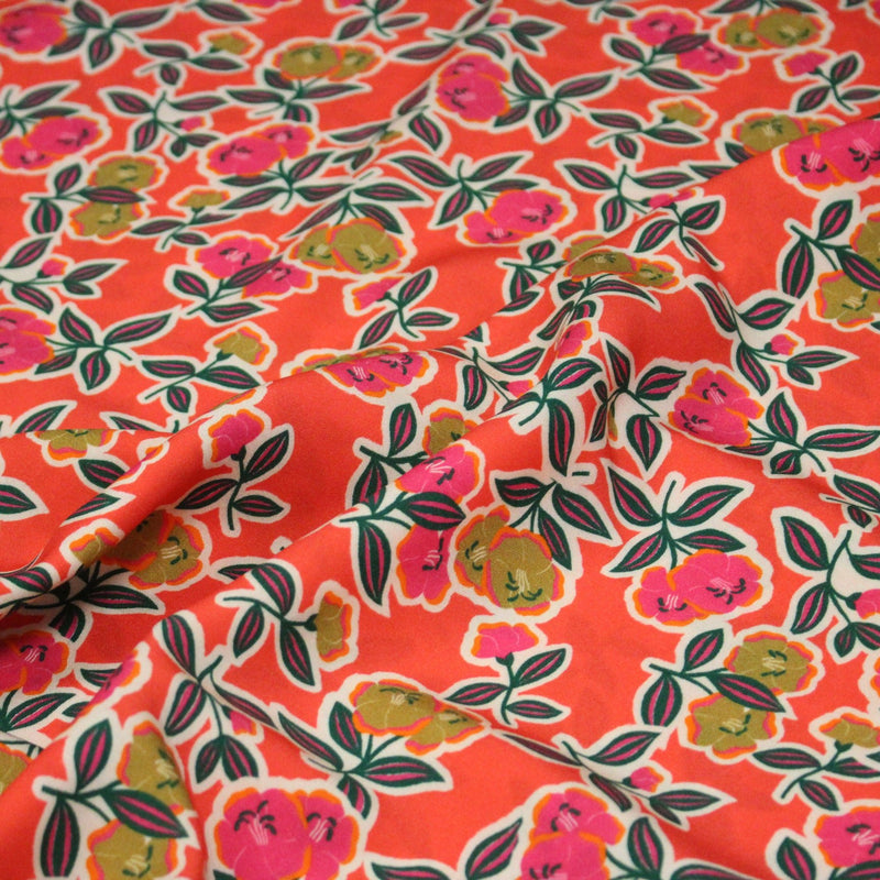 Tissu Viscose fluide corail, fleuri vert et rose, écru, GALBIA - STANDARD 100 OEKO - TEX - tissuspipi.com