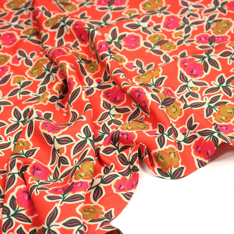Tissu Viscose fluide corail, fleuri vert et rose, écru, GALBIA - STANDARD 100 OEKO - TEX - tissuspipi.com