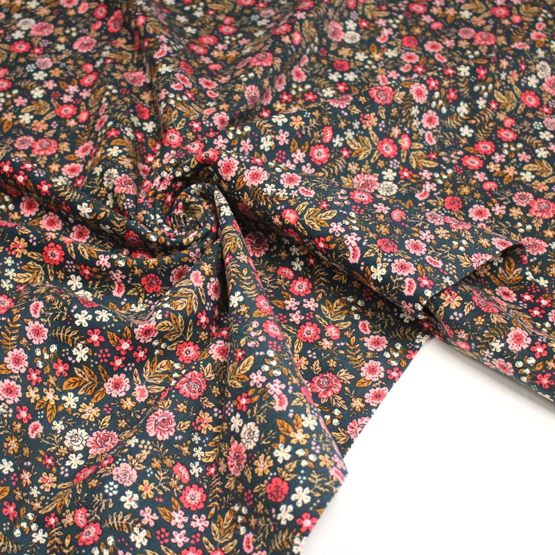 Tissu velours milleraies imprimé canard aux fines fleurs roses - STANDARD 100 OEKO - TEX - tissuspipi.com