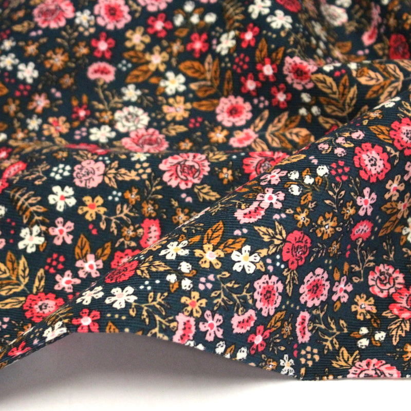 Tissu velours milleraies imprimé canard aux fines fleurs roses - STANDARD 100 OEKO - TEX - tissuspipi.com