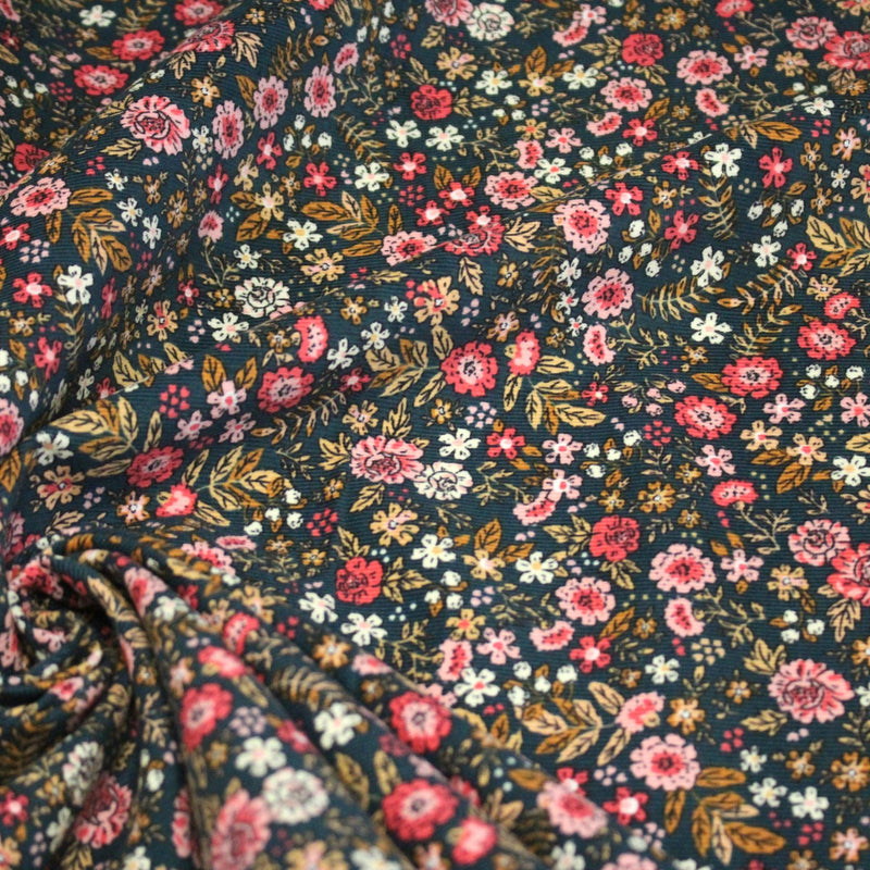 Tissu velours milleraies imprimé canard aux fines fleurs roses - STANDARD 100 OEKO - TEX - tissuspipi.com