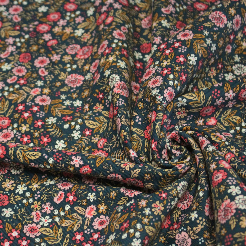Tissu velours milleraies imprimé canard aux fines fleurs roses - STANDARD 100 OEKO - TEX - tissuspipi.com