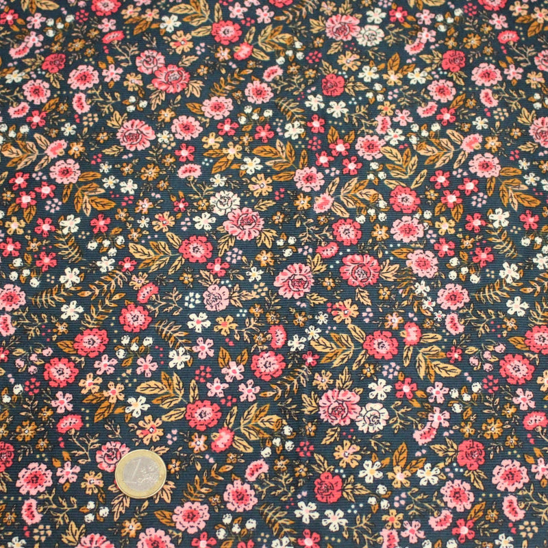 Tissu velours milleraies imprimé canard aux fines fleurs roses - STANDARD 100 OEKO - TEX - tissuspipi.com