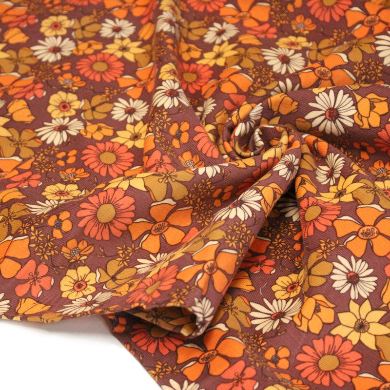 Tissu velours milleraies imprimé Seventies, fleuri rouille & orange - STANDARD 100 OEKO - TEX - tissuspipi.com
