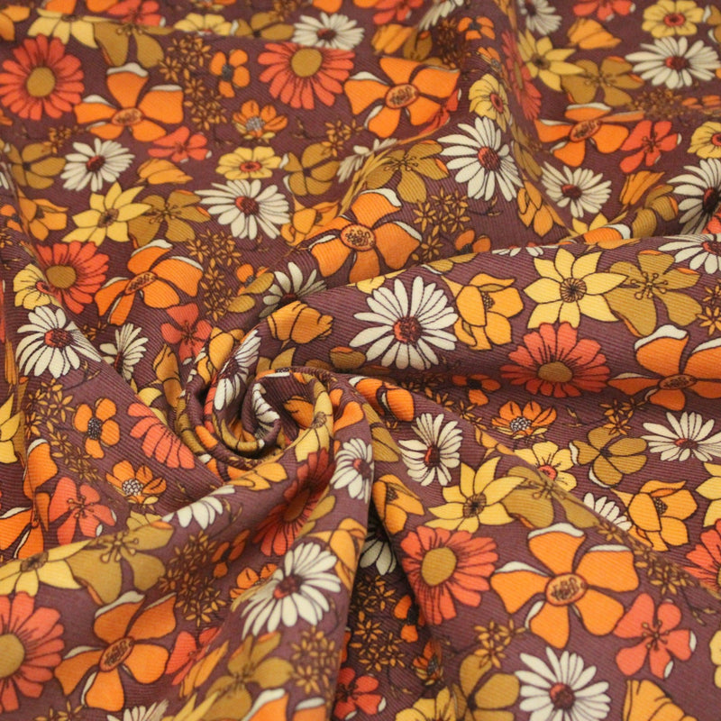 Tissu velours milleraies imprimé Seventies, fleuri rouille & orange - STANDARD 100 OEKO - TEX - tissuspipi.com