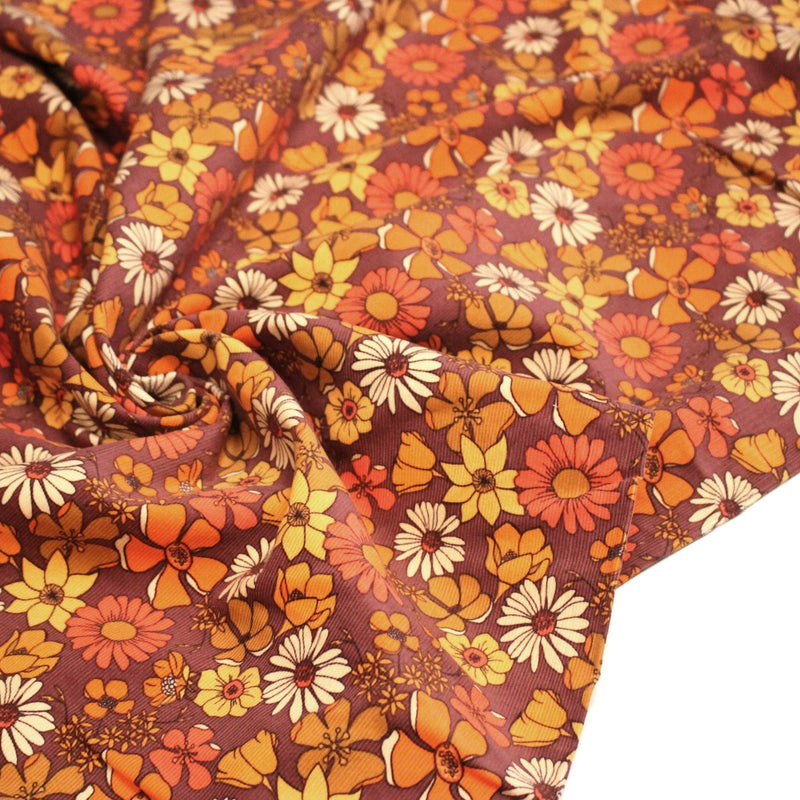 Tissu velours milleraies imprimé Seventies, fleuri rouille & orange - STANDARD 100 OEKO - TEX - tissuspipi.com