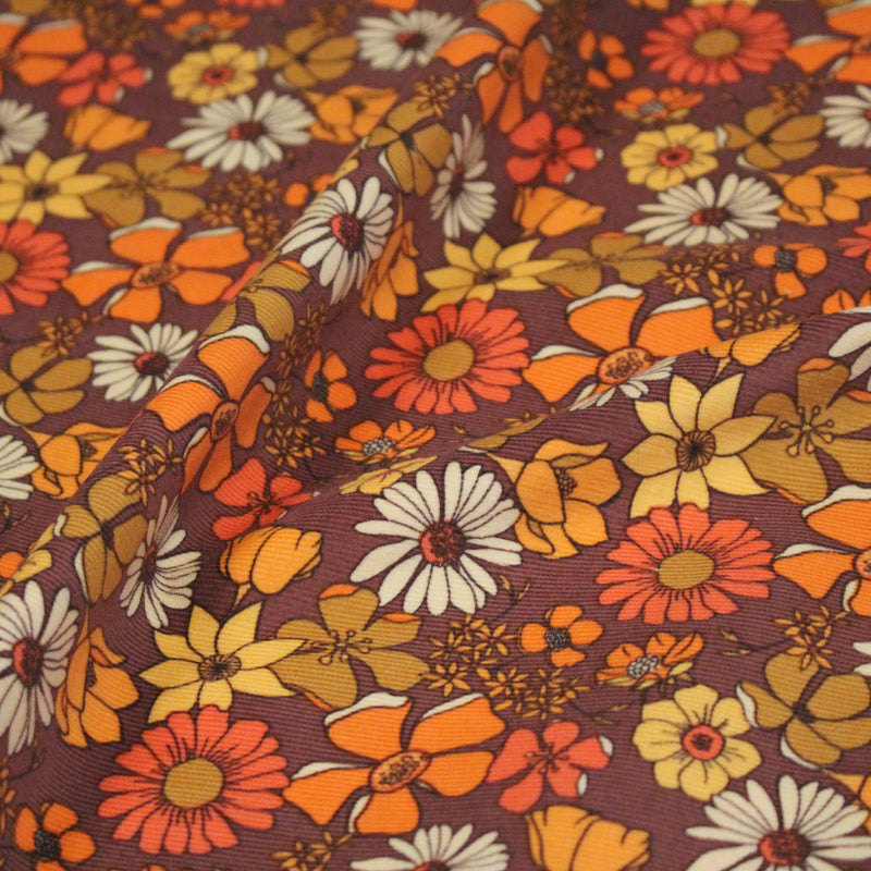 Tissu velours milleraies imprimé Seventies, fleuri rouille & orange - STANDARD 100 OEKO - TEX - tissuspipi.com