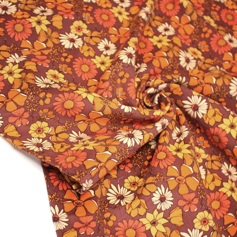 Tissu velours milleraies imprimé Seventies, fleuri rouille & orange - STANDARD 100 OEKO - TEX - tissuspipi.com