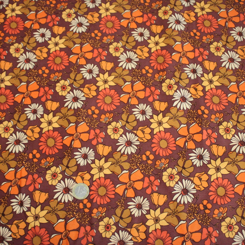 Tissu velours milleraies imprimé Seventies, fleuri rouille & orange - STANDARD 100 OEKO - TEX - tissuspipi.com
