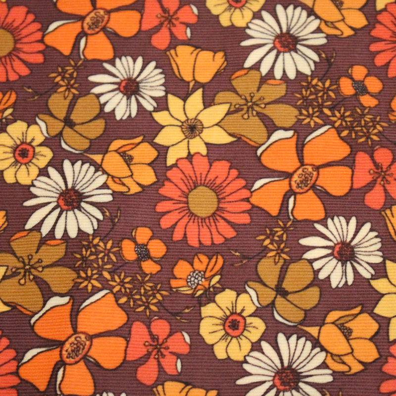 Tissu velours milleraies imprimé Seventies, fleuri rouille & orange - STANDARD 100 OEKO - TEX - tissuspipi.com