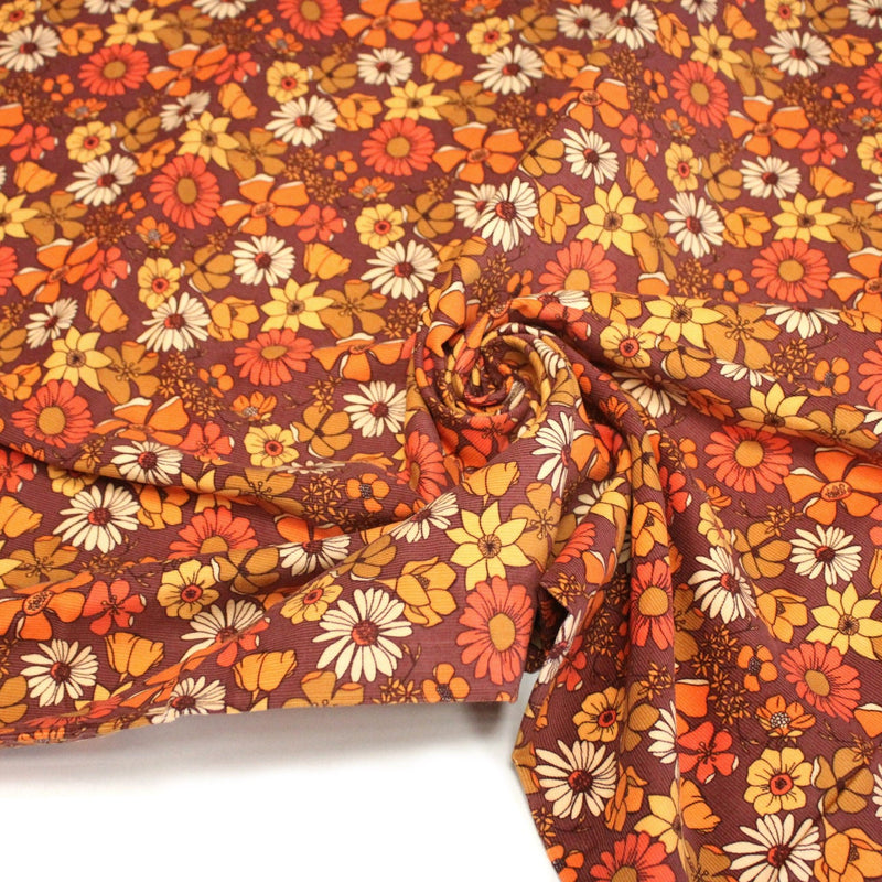 Tissu velours milleraies imprimé Seventies, fleuri rouille & orange - STANDARD 100 OEKO - TEX - tissuspipi.com