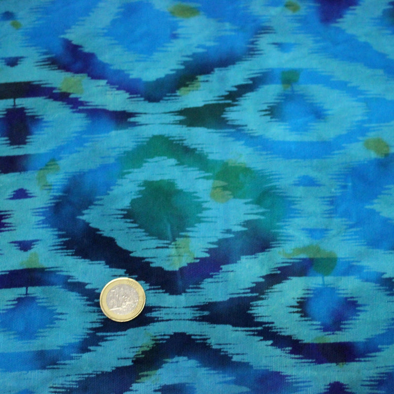 Tissu coton demi natté IKAT INDIEN imprimé traditionnel : bleu/vert ou rouge/jaune - MADE IN INDIA - tissuspipi.com