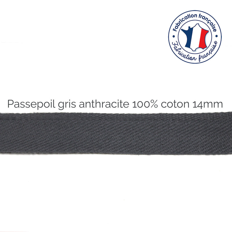 Bobine de 100m de passepoil gris anthracite, 100% coton, 14mm de large - tissuspipi.com