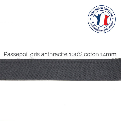 Bobine de 100m de passepoil gris anthracite, 100% coton, 14mm de large - tissuspipi.com