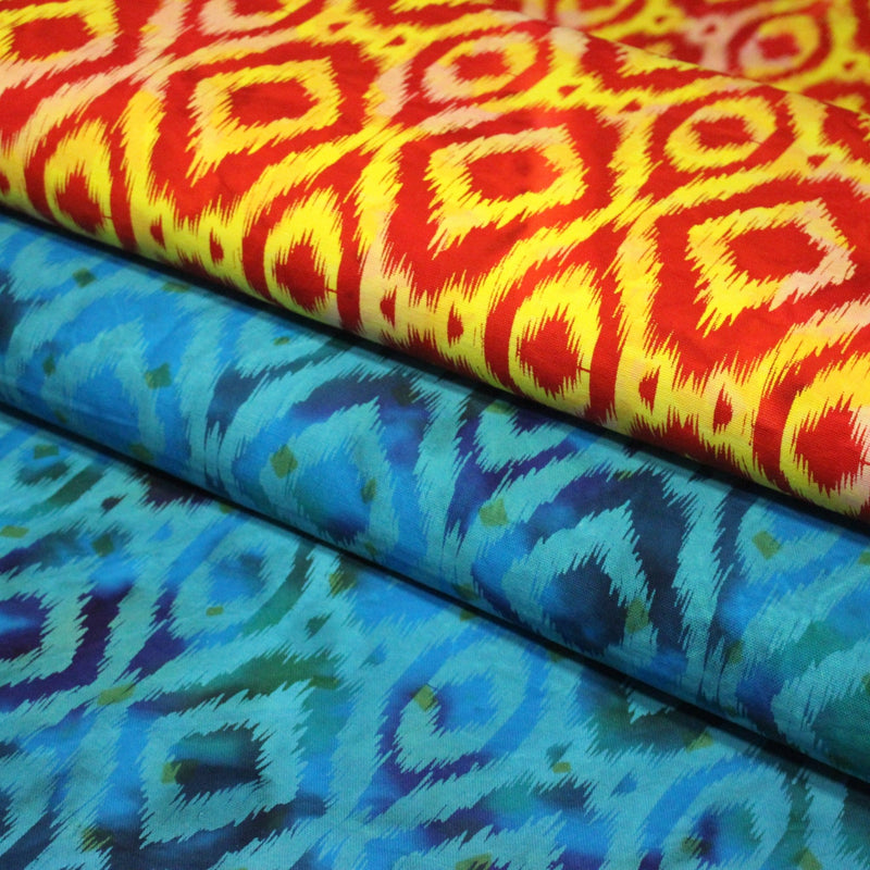 Tissu coton demi natté IKAT INDIEN imprimé traditionnel : bleu/vert ou rouge/jaune - MADE IN INDIA - tissuspipi.com