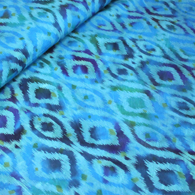 Tissu coton demi natté IKAT INDIEN imprimé traditionnel : bleu/vert ou rouge/jaune - MADE IN INDIA - tissuspipi.com