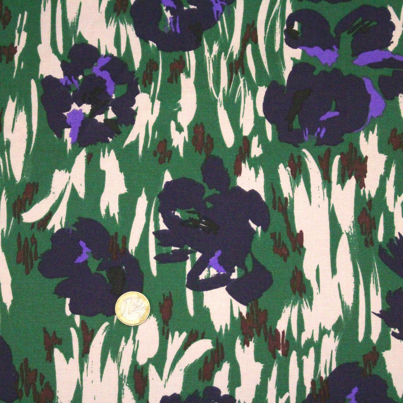 Tissu coton demi - natté SEVENTIES, fleuri vert violet - OEKO - TEX STANDARD 100 - tissuspipi.com