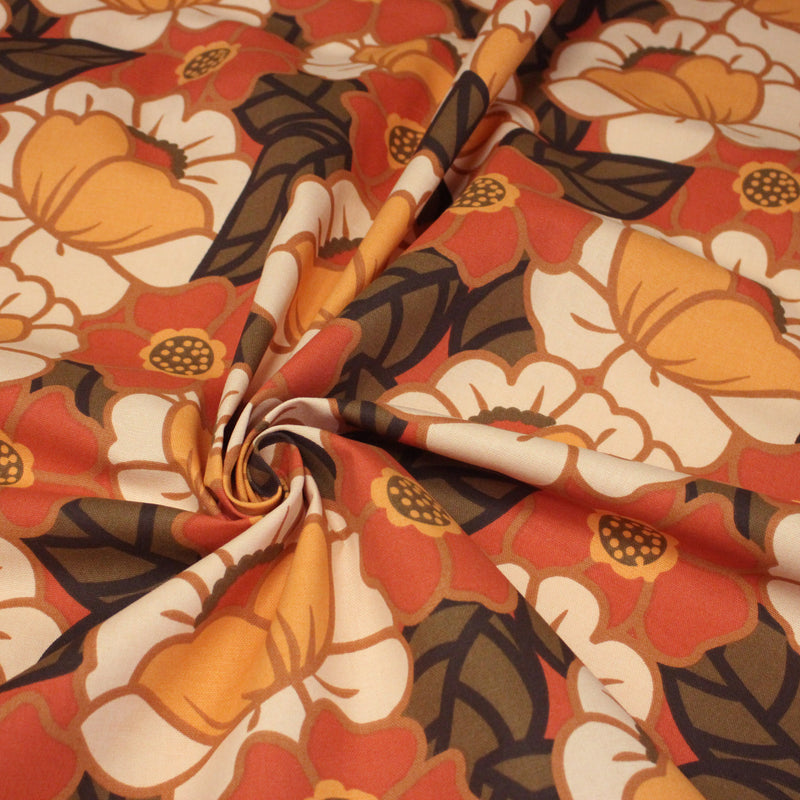 Tissu coton demi - natté SEVENTIES, fleuri rouille rose vert - OEKO - TEX STANDARD 100 - tissuspipi.com