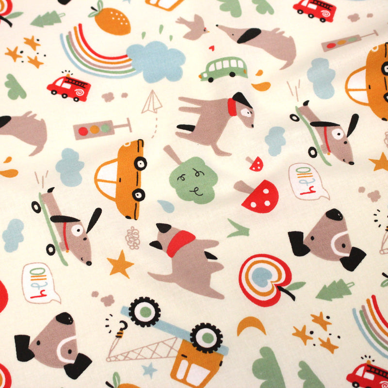 Tissu cotonnade enfant écru aux chiens, voitures, camions - STANDARD 100 OEKO - TEX - tissuspipi.com