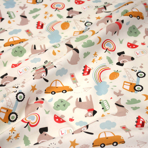 Tissu cotonnade enfant écru aux chiens, voitures, camions - STANDARD 100 OEKO - TEX - tissuspipi.com