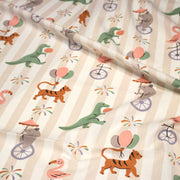 Tissu cotonnade enfant rayé sable blanc aux dinos, tigres et flamands rose - STANDARD 100 OEKO - TEX - tissuspipi.com